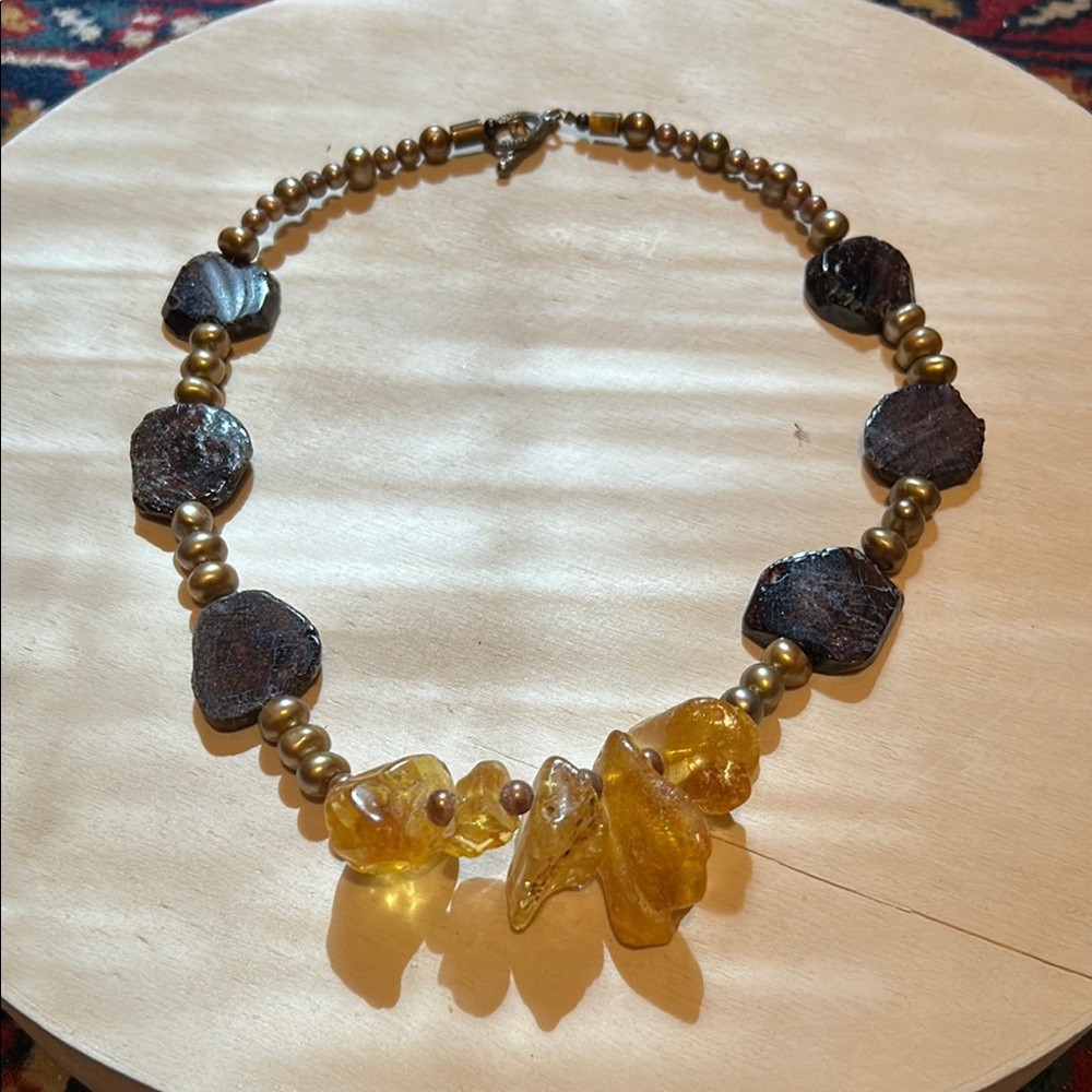 Elegant Pearl, Amber and Brown Stone Beaded Necklace